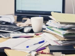 paperwork: stack of files on messy desk, computer monitor in background
